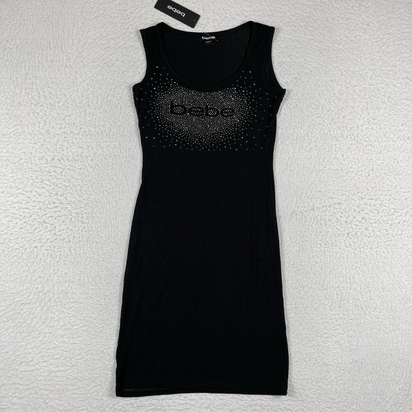 Bebe Dress Womens XS‎ Black Bling Splash Spellout Logo Tank Top LBD Y2K Party - Picture 1 of 10